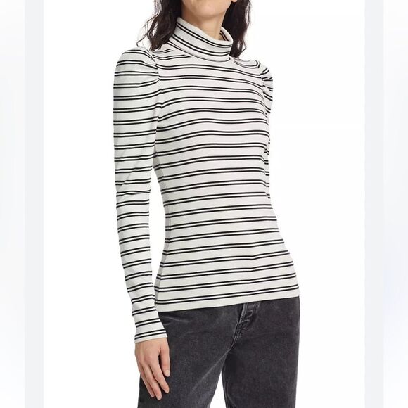Veronica Beard Black and White Striped Cotton Turtleneck Top - Picture 1 of 4